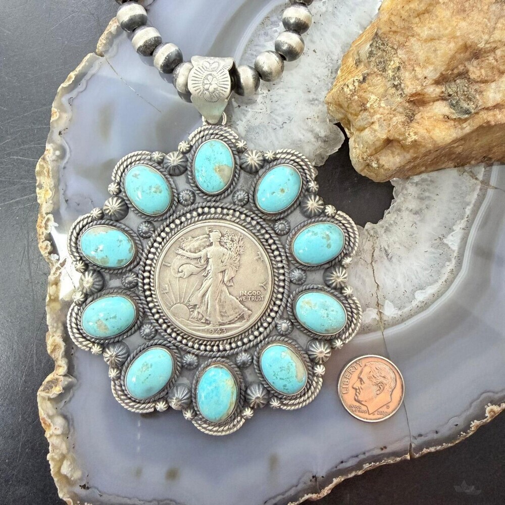 1943 Genuine 90% Silver Walking Liberty Half Dollar Coin w/Turquoise Uni Pendant - Picture 8 of 10